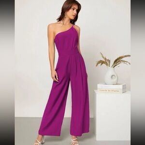 Pink One Shoulder Wide Leg Jumpsuit (6) Medium